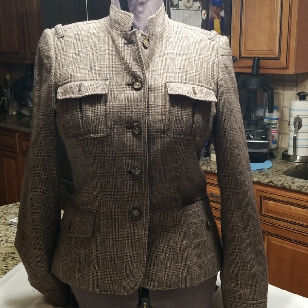 Banana Republic taupe and black plaid jacket